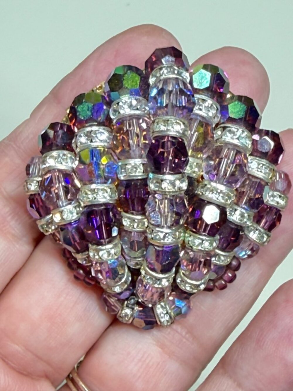 Shell Brooch Western Germany Gold Tone Purple Crystal Beaded Vintage